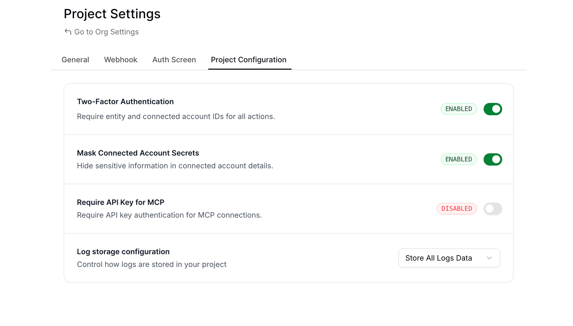MCP API Key Toggle in Project Settings